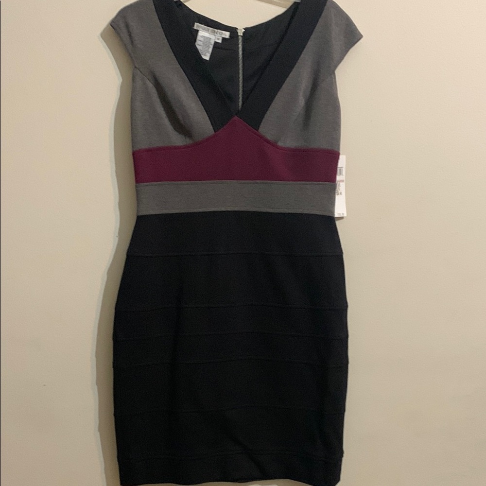 Maggy London Black Gray Sheath Mini Dress V-Neck